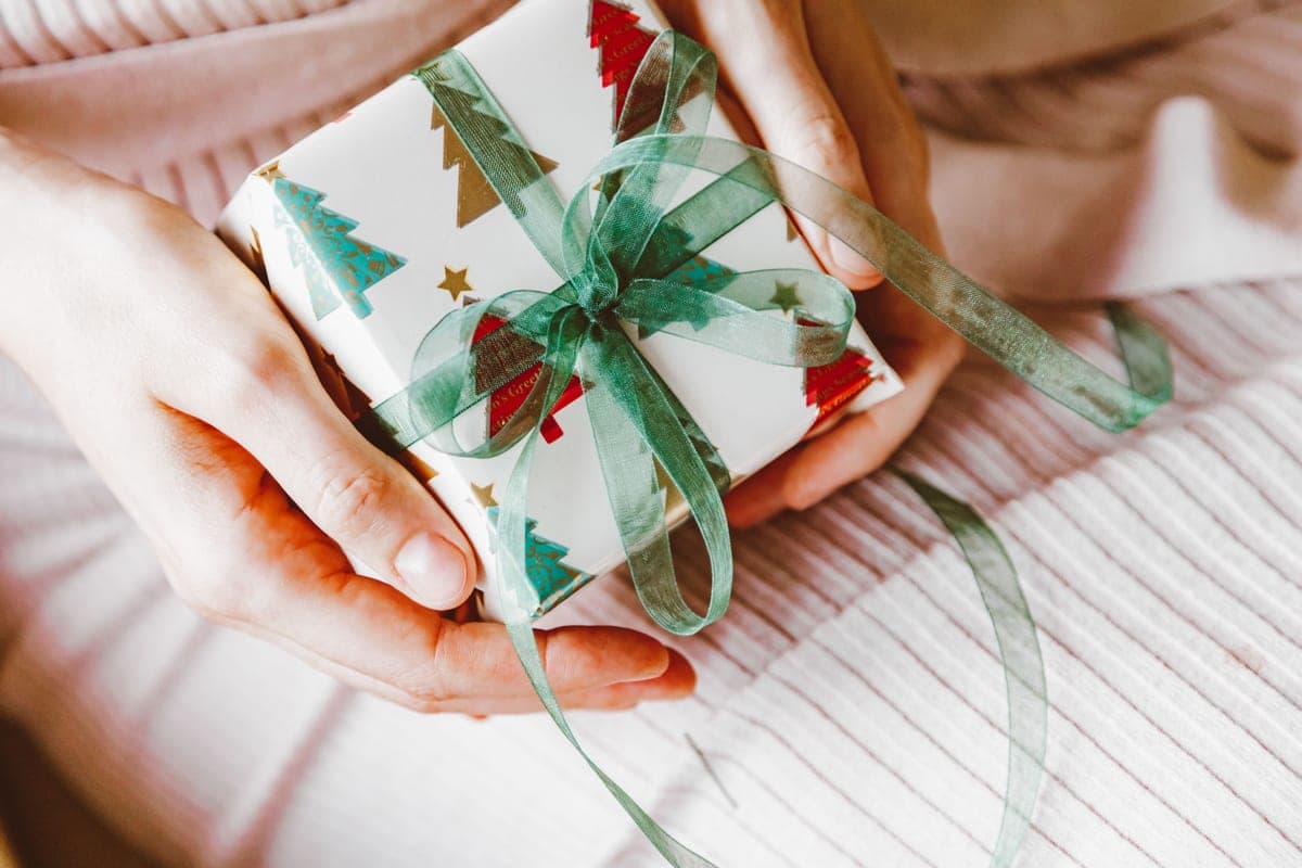 Hands holding a small wrapped gift tied with ribbon