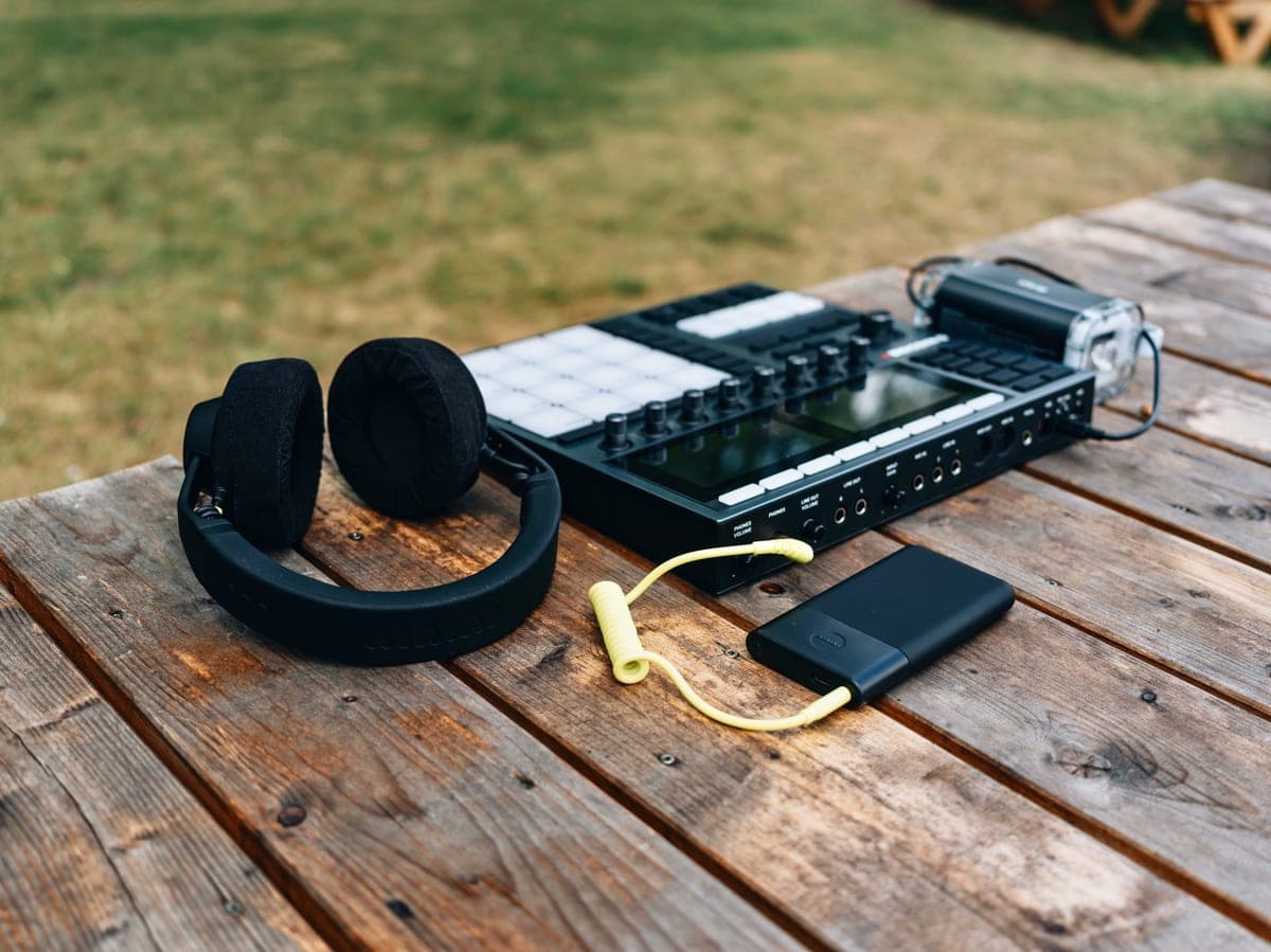 Over-ear headphones on a wooden table